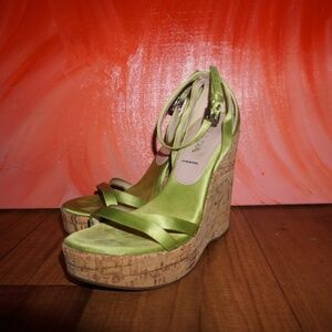 Prada Green Satin Cork Wedge Sandals – Made in Italy – Size 36